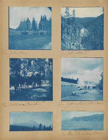 (CYANOTYPES) Album entitled Scrap Book with approx. 100 family travel photographs, including Yellowstone, California and Niagara Falls.